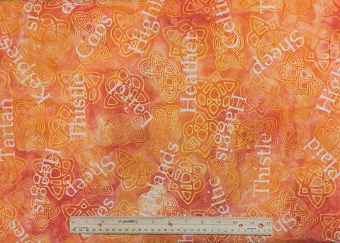 BATIK - Expressions A Touch of Celtic BT23264-232 Soft Coral Fabric / Tonal Celtic Knot, White Highland Script