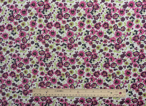 Quilters Showcase by Joann Fabrics - White Fabric / Fuchsia and Black Flower Print Bright Green Leaves