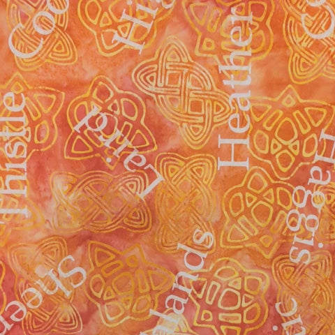 BATIK - Expressions A Touch of Celtic BT23264-232 Soft Coral Fabric / Tonal Celtic Knot, White Highland Script