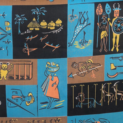 Vintage 34" WIDE Fabric - Black, Turquoise, Tan South Pacific Block Print - Selvage to Selvage Print