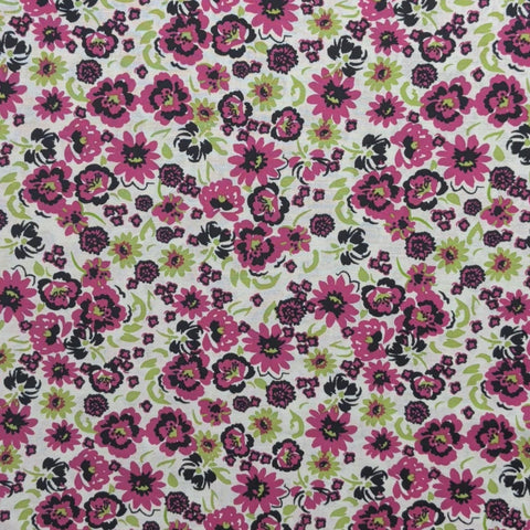 Quilters Showcase by Joann Fabrics - White Fabric / Fuchsia and Black Flower Print Bright Green Leaves