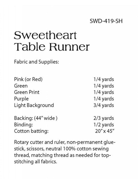 Sweetheart Table Runner Pattern by Southwind Designs / Finished Size: 18-1/2" x 42-1/2"