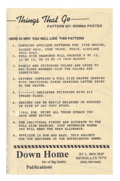 Six Things That Go Applique Quilt Pattern by Donna Poster / Pattern P16