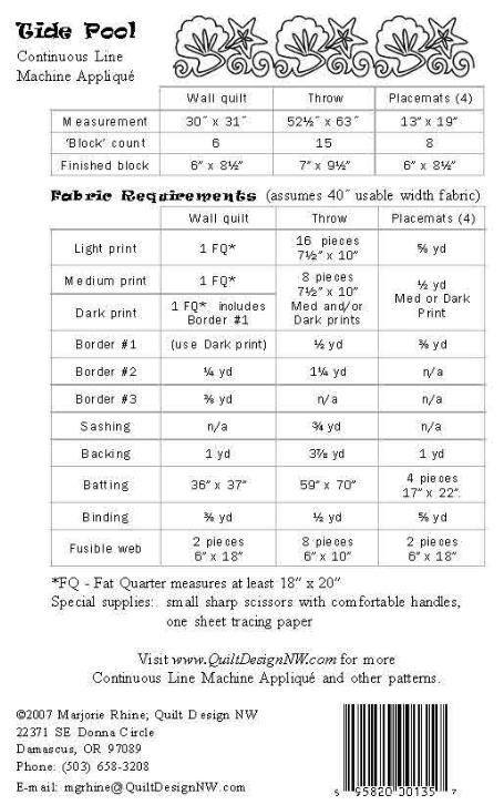 Tide Pool Continuous Line Machine Applique Pattern for Wall Quilt, Throw & Placemats / Pattern #Q206