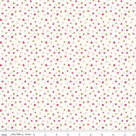 Sweetheart by My Mind's Eye 2024 C15505 Riley Blake Designs - White Fabric / Light Pink, Dark Pink, Gold Metallic Tossed Heart Print