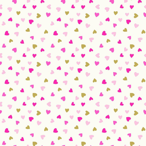 Sweetheart by My Mind's Eye 2024 C15505 Riley Blake Designs - White Fabric / Light Pink, Dark Pink, Gold Metallic Tossed Heart Print