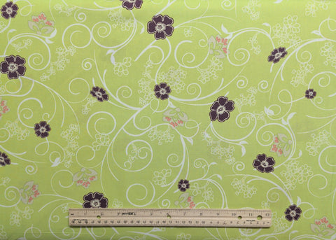 Filigree Collection FG-6536 for Art Gallery Fabrics - Lime Green Fabric / Plum, Pink, White Flower, Vine Print