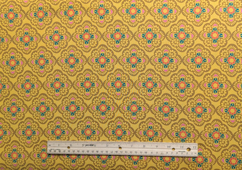 Michael Miller Fabrics CX4385-TOFF-D Eden - Gold Fabric / Dark Gold, Bright Pink, Teal Flower Medallion Print