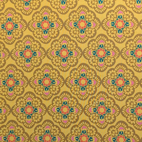 Michael Miller Fabrics CX4385-TOFF-D Eden - Gold Fabric / Dark Gold, Bright Pink, Teal Flower Medallion Print