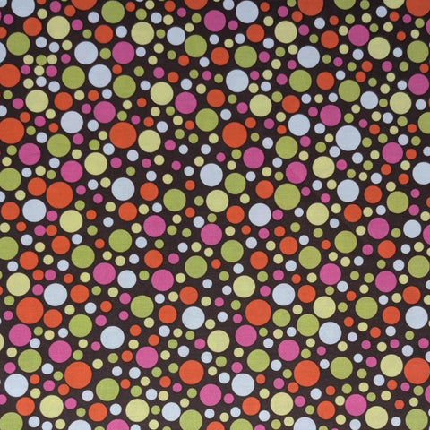 CX3136-SPIC-D Play Dot Michael Miller Fabrics - Dark Brown Fabric / Orange, Pink, Green, White Retro Dot Print