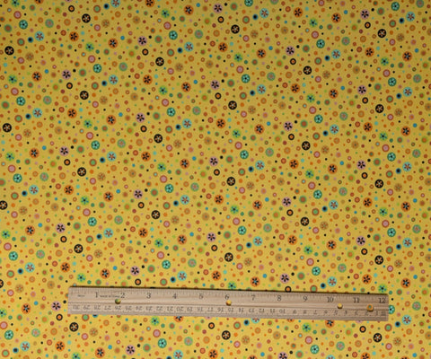 Playful Pups 02089-33 Paws for Thought Doodle Dots for Benartex - Yellow Fabric / Black, Orange, Aqua, Green Dot and Flower Print