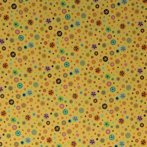 Playful Pups 02089-33 Paws for Thought Doodle Dots for Benartex - Yellow Fabric / Black, Orange, Aqua, Green Dot and Flower Print