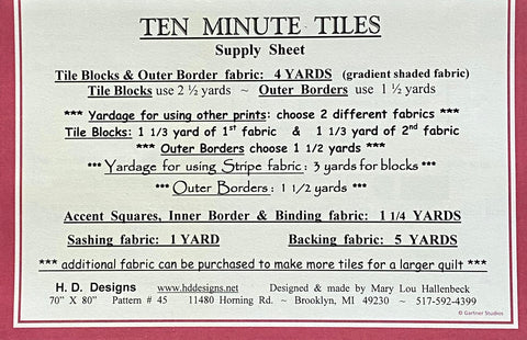 Ten Minute Tiles Quilt Pattern by Mary Lou Hallenbeck for HD Designs