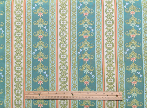Paradise Aubrey Jeanne Roberts for Studio E Fabrics E60-1342 - Green, Blue, Coral Medallion Border Stripe Fabric