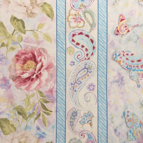Wild Blush Danhuei Nai Wilmington Prints 89217-143 - White Fabric / Blue, Red, Lavender, Green Wild Rose, Butterfly, Paisley Border Stripe