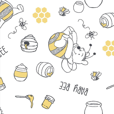 SPR80134-A62078 Pooh Baby Bee - White Fabric / Black, Gray, Yellow Tossed Winnie the Pooh, Honey and Bee Print