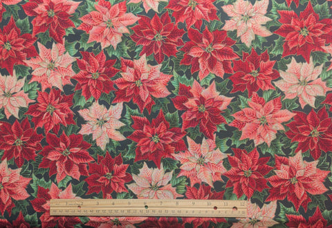 VIP Cranston Print Works Joan Messmore 58" WIDE - Dark Green Fabric / Red, Pink Packed Poinsettia Print