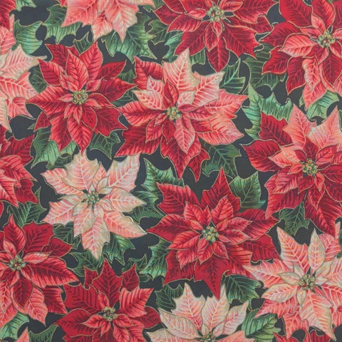 VIP Cranston Print Works Joan Messmore 58" WIDE - Dark Green Fabric / Red, Pink Packed Poinsettia Print