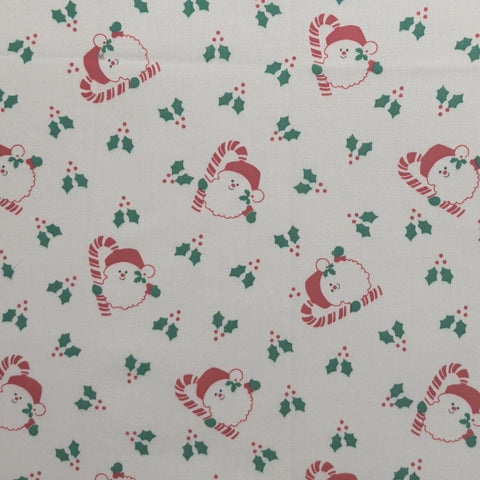 Springs Mills - Whte Fabric / Tossed Santa, Holly, Candy Cane Print