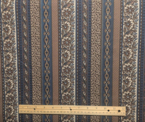 Marcus Bros Textiles Inc - Brown, Cream, Navy Floral Ribbon Medallion Border Stripe Fabric