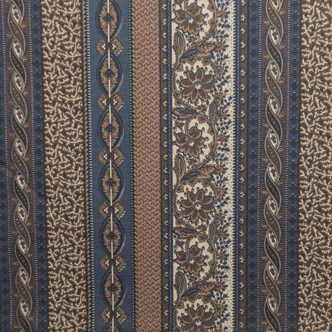 Marcus Bros Textiles Inc - Brown, Cream, Navy Floral Ribbon Medallion Border Stripe Fabric