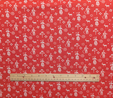 Red Fabric / White Reproduction Style Farmer, Goat and Flower Print - Selvage to Selvage Print