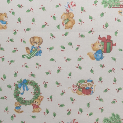 Vintage Lightweight White Fabric / Tossed Christmas Animal and Holly Print - Selvage to Selvage Print