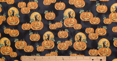Black Tonal Fabric / Jack-O-Lantern and Black Cat Print