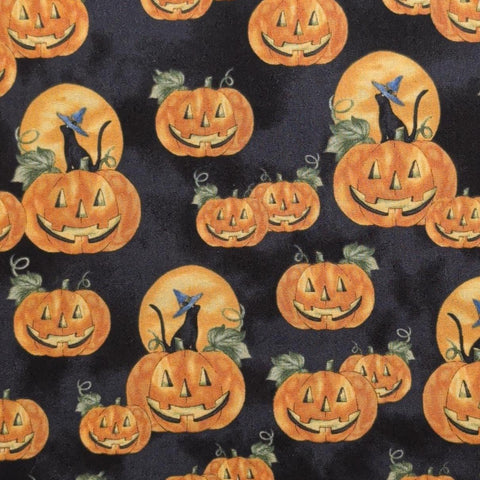 Black Tonal Fabric / Jack-O-Lantern and Black Cat Print