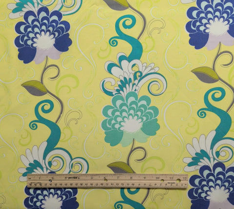 Modern Affair Collection MA-4309 for Art Gallery Fabrics - Bright Chartreuse Fabric / Teal, Purple, White Giant Flower, Vine Print