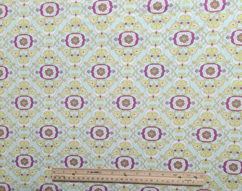 Paradise Collection PA-303 for Art Gallery Fabrics - Pale Sky Blue Fabric / Acid Green, Berry, White Floral Paisley Medallion Print