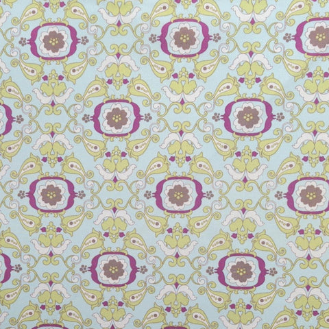 Paradise Collection PA-303 for Art Gallery Fabrics - Pale Sky Blue Fabric / Acid Green, Berry, White Floral Paisley Medallion Print