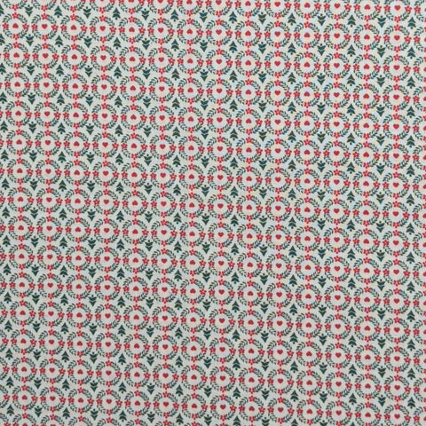 VIP Cranston Print Works - White Fabric / Red, Dark Green Wreath and Tree Print