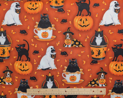 Very Scary 11308 Mary Lake-Thompson Robert Kaufman - Burnt Orange Tonal Fabric / Black Cat, Jack-o-Lantern, Candy Corn Print