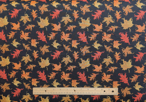 Blessings II 1665 Wishes & Wishes Rebecca Buer Inc Studio E - Black Fabric / Gold, Orange, Red Tossed Leaf Print