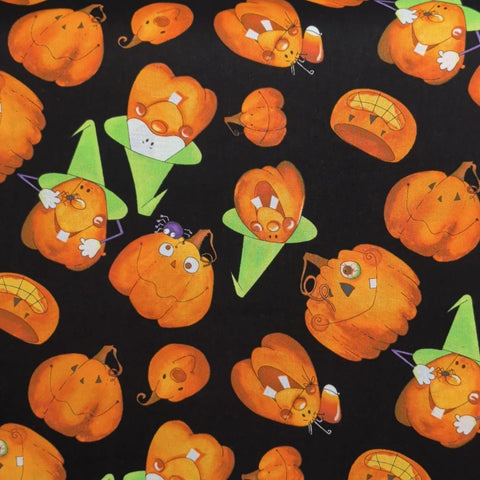 Pungkin Peers Julia Debson Minor Artworks! Studio E - Black Fabric / Tossed Cartoon-Style Jack-O-Lantern Print