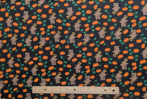Black Fabric / Tossed Scarecrow, Bat, Pumpkin Print - Selvage to Selvage Print