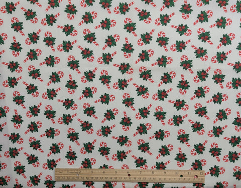White Fabric / Red, Green Tossed Candy Cane Print - Selvage to Selvage Print