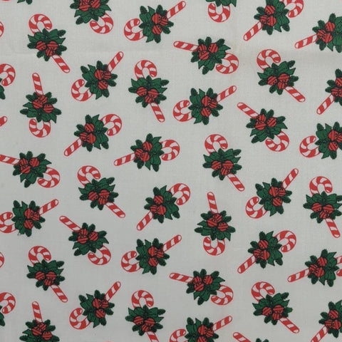 White Fabric / Red, Green Tossed Candy Cane Print - Selvage to Selvage Print