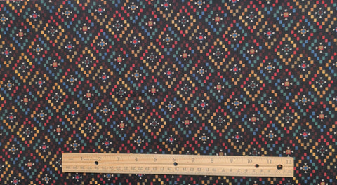 Black Fabric / Green, Blue, White, Gold, Tan Diamond Print Fabric