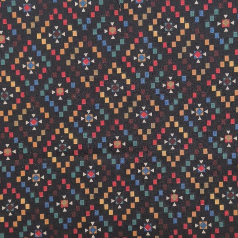 Black Fabric / Green, Blue, White, Gold, Tan Diamond Print Fabric