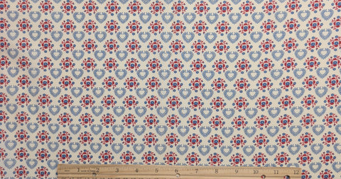 Soft White Fabric / Red, Blue Heart and Flower Medallion Print - Selvage to Selvage Print
