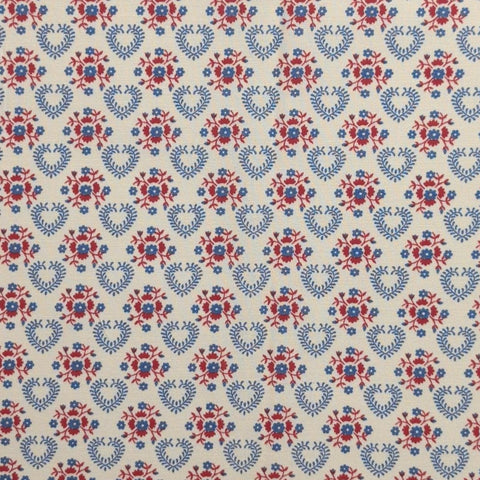 Soft White Fabric / Red, Blue Heart and Flower Medallion Print - Selvage to Selvage Print
