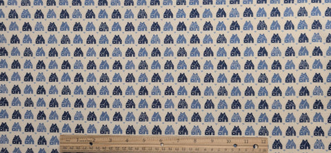 Soft White Fabric / Dark Blue, Slate Blue House and Heart Print - Selvage to Selvage Print