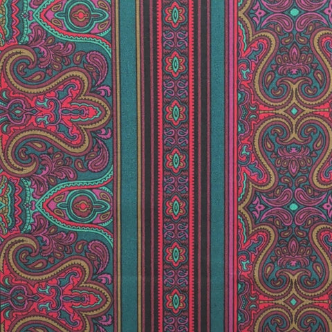 1994 Persian Print Jinny Beyer for RJR Fashion Fabrics - Green, Maroon, Red, Tan Paisley Border Stripe Fabric