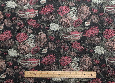 Jinny Beyer for RJR Fashion Fabrics - Black Fabric / Pink, Rose, Green Flower Bouquet Print