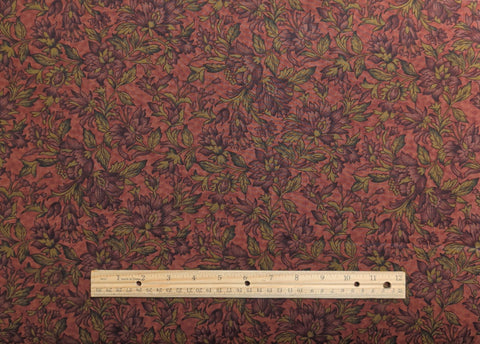 Wood Blocks Hoffman California Fabrics - Dark Red Tonal Fabric / Gold, Green, Burgundy Packed Flower, Vine Print