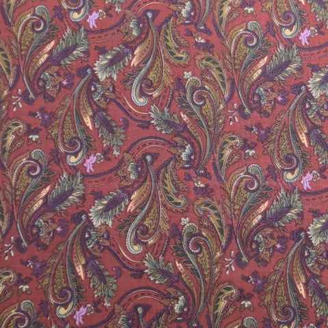 Wood Blocks Hoffman California Fabrics - Dark Red Fabric / Green, Purple, Tan Paisley Leaf and Flower Print