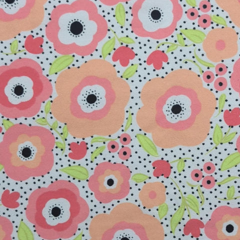 Super Snuggle Flannel JoAnn Fabrics - White Flannel Fabric with Black Dot / Pink, Light Coral, Bright Green Flower Print