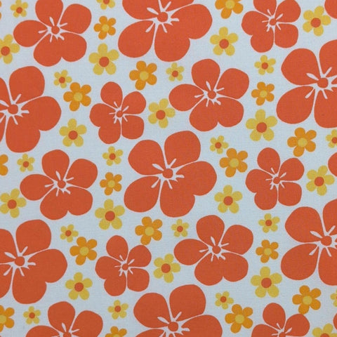 Vintage White Fabric / Orange and Yellow Retro Flower Print - Selvage to Selvage Print